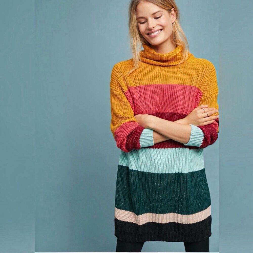 FARM Rio x Anthropologie Boldly Striped Sweater Dress Colorblock Turtleneck L